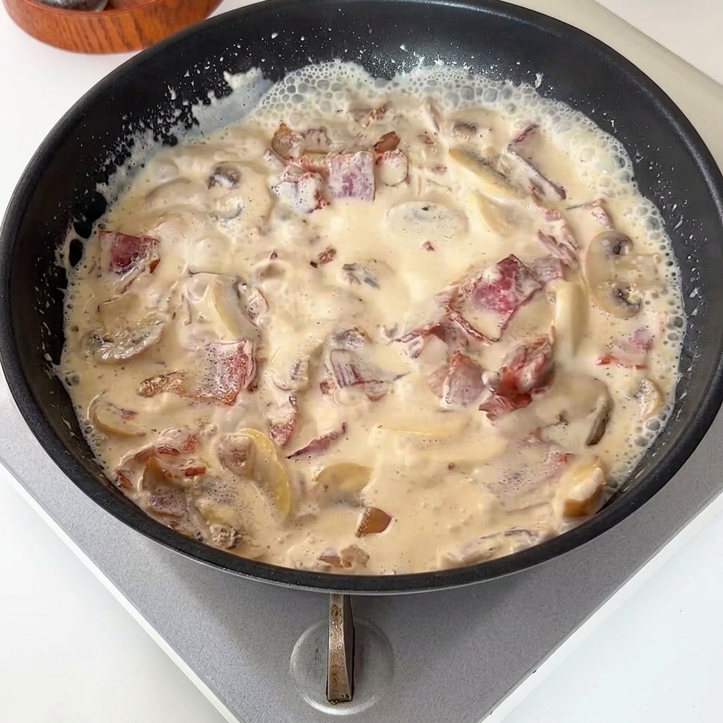 A black frying pan filled with a bubbling, creamy white sauce containing visible pieces of bacon and sliced mushrooms.