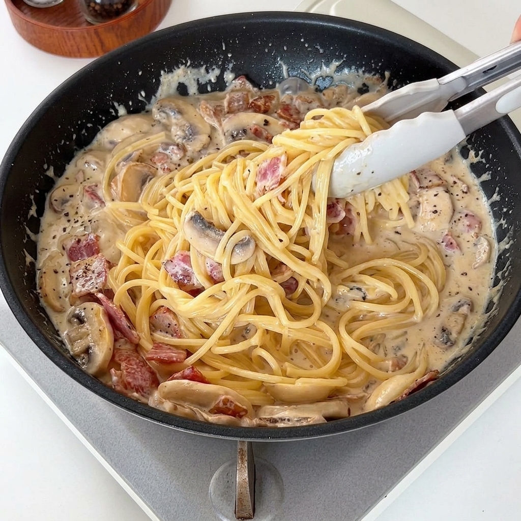 Tongs lifting and mixing spaghetti noodles within a creamy sauce filled with sliced mushrooms and bacon bits in a pan.