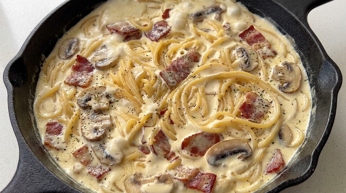 Creamy Bacon and Mushroom Spaghetti
