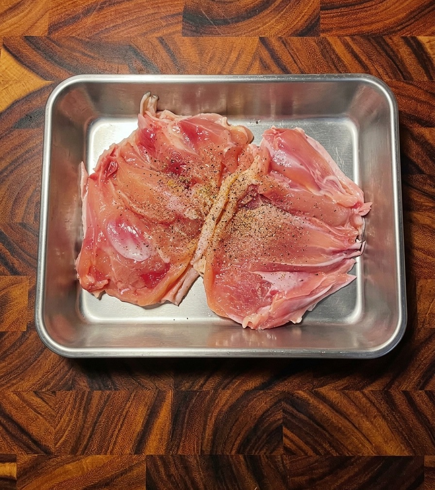 Close-up of deboned raw chicken thighs seasoned with black pepper in a stainless steel tray.
