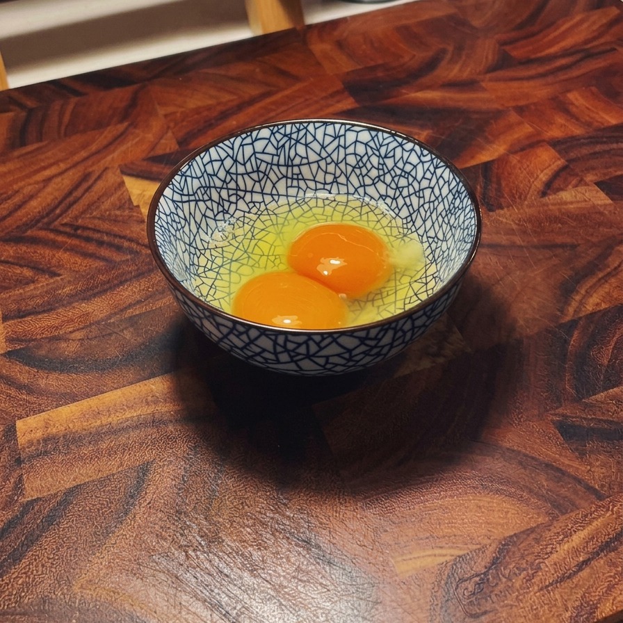 Two raw eggs in a blue and white patterned ceramic bowl sitting on a wooden surface.