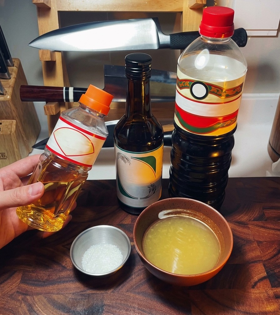 Bottles of Japanese cooking staples and small bowls containing sugar and broth arranged on a countertop.