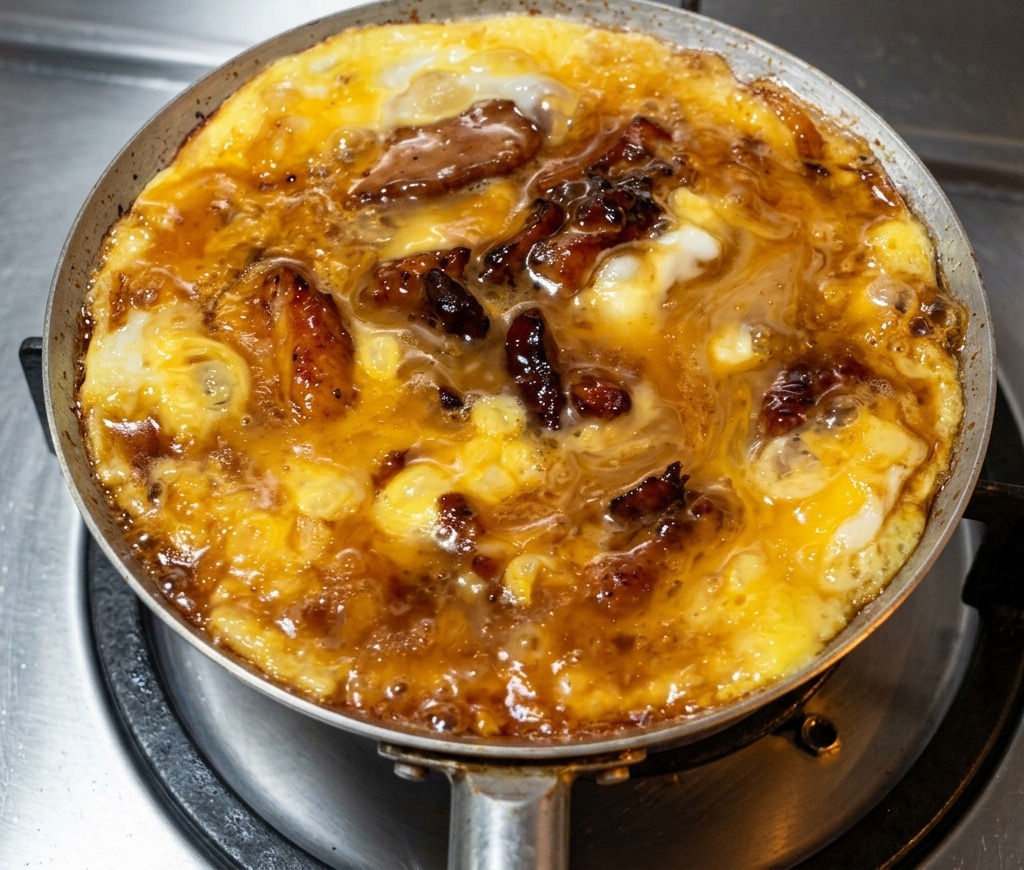A close up of oyakodon in a pan with eggs that are perfectly semi set and glossy.