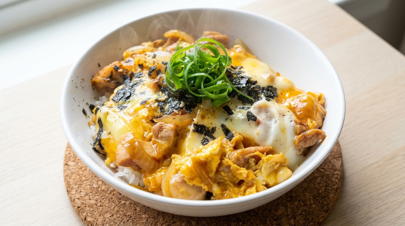 A steaming bowl of Oyakodon featuring tender chicken and a glossy, semi-set egg sauce garnished with fresh scallions and nori.