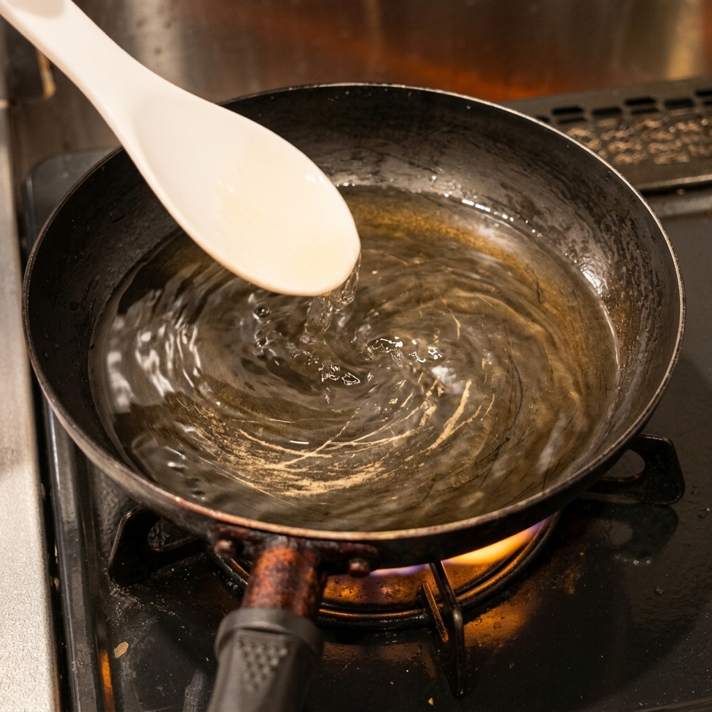 Liquid seasoning being poured from a white spoon into a dark pan containing simmering water.