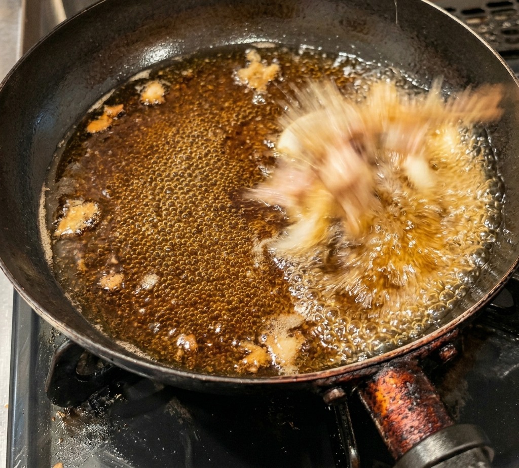 Wooden tongs dropping pieces of raw pink chicken into a bubbling dark sauce within a frying pan.