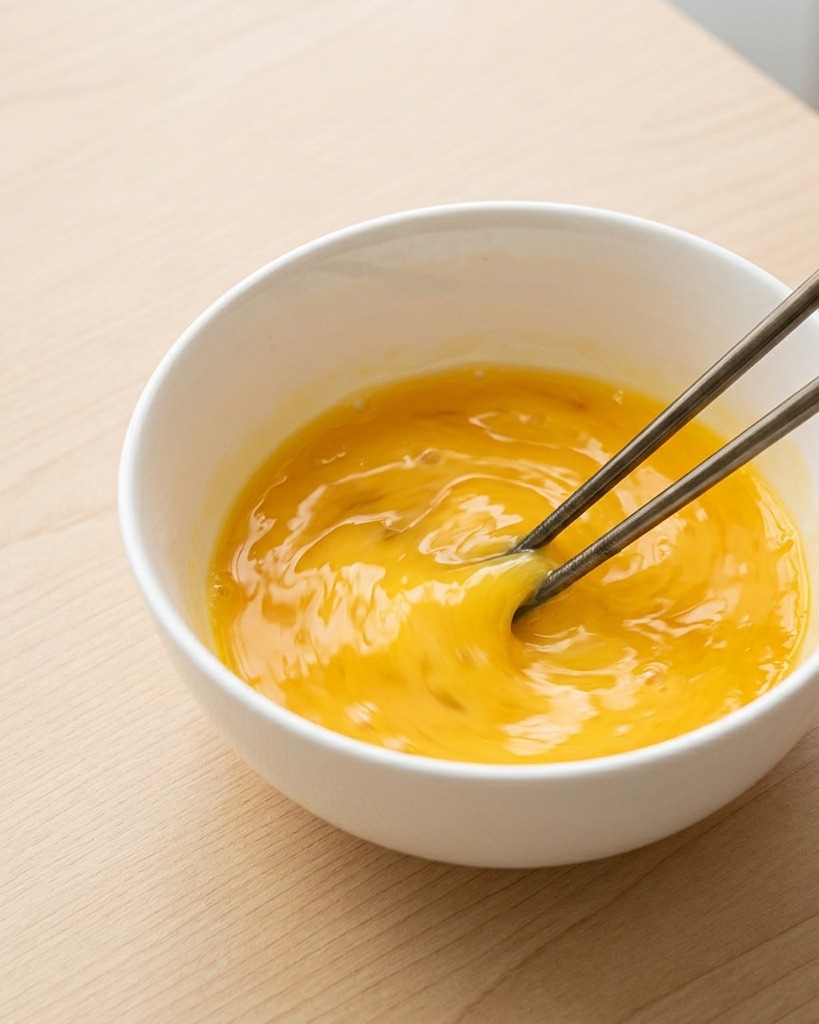 Beating two eggs in a white bowl using metal chopsticks, showing a blurry motion of mixing.