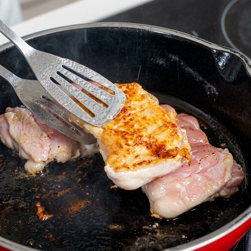 A spatula lifting a piece of chicken from a pan to show perfectly crispy golden brown skin.