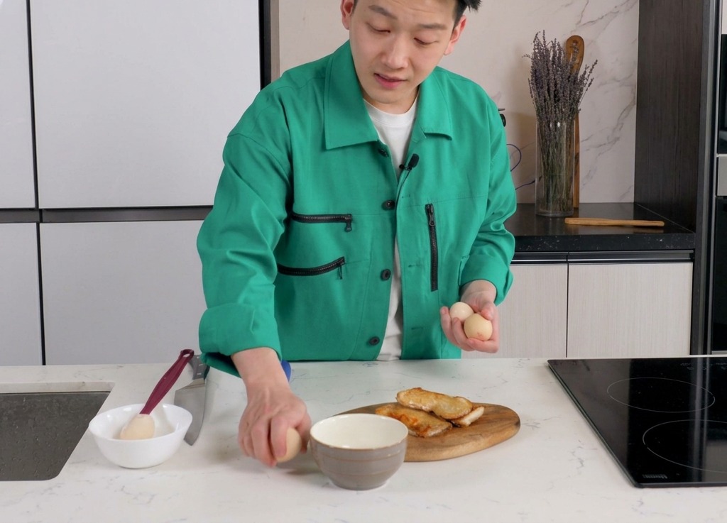 A cook cracking fresh eggs into a ceramic bowl on a clean kitchen countertop.