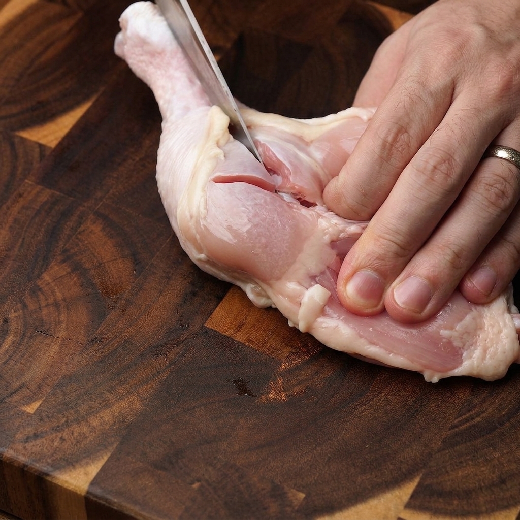 Hands using a sharp knife to carefully slice open a raw chicken leg and remove the bone on a dark patterned wooden cutting board.