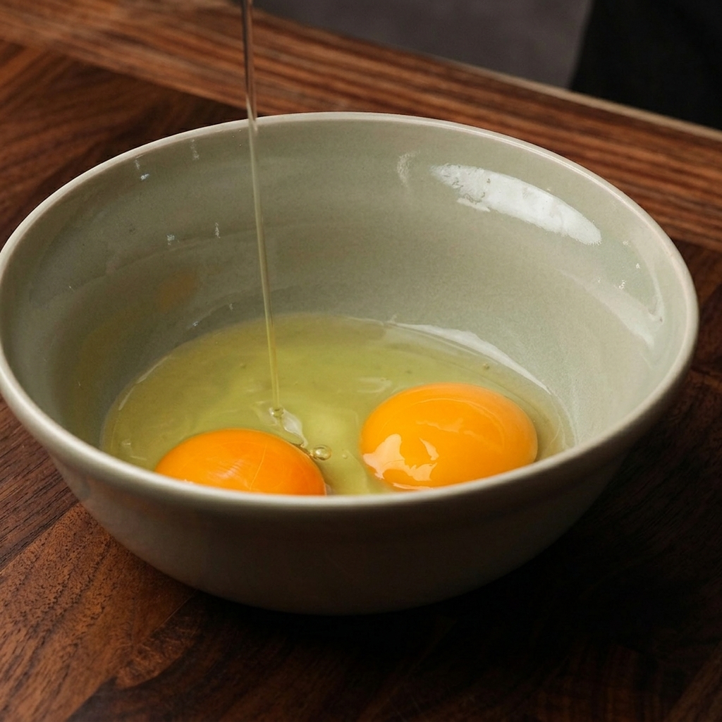 Two cracked raw eggs with bright orange yolks sitting in a light green ceramic bowl, with a clear stream of egg white still pouring in.