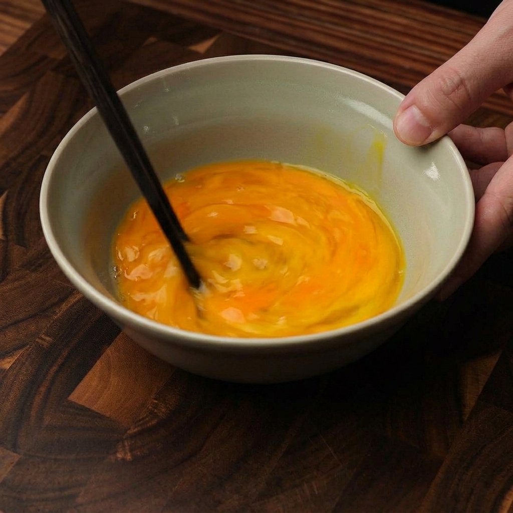 A hand using dark wooden chopsticks to lightly swirl and mix raw eggs in a ceramic bowl, keeping the yolks and whites somewhat distinct.