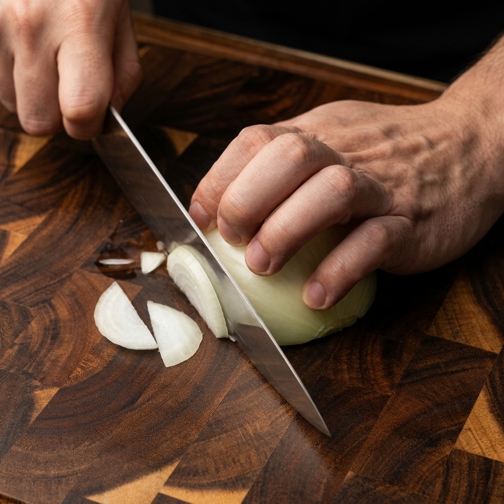 Hands using a sharp knife to carefully slice a halved raw yellow onion into strips on a dark wooden cutting board.