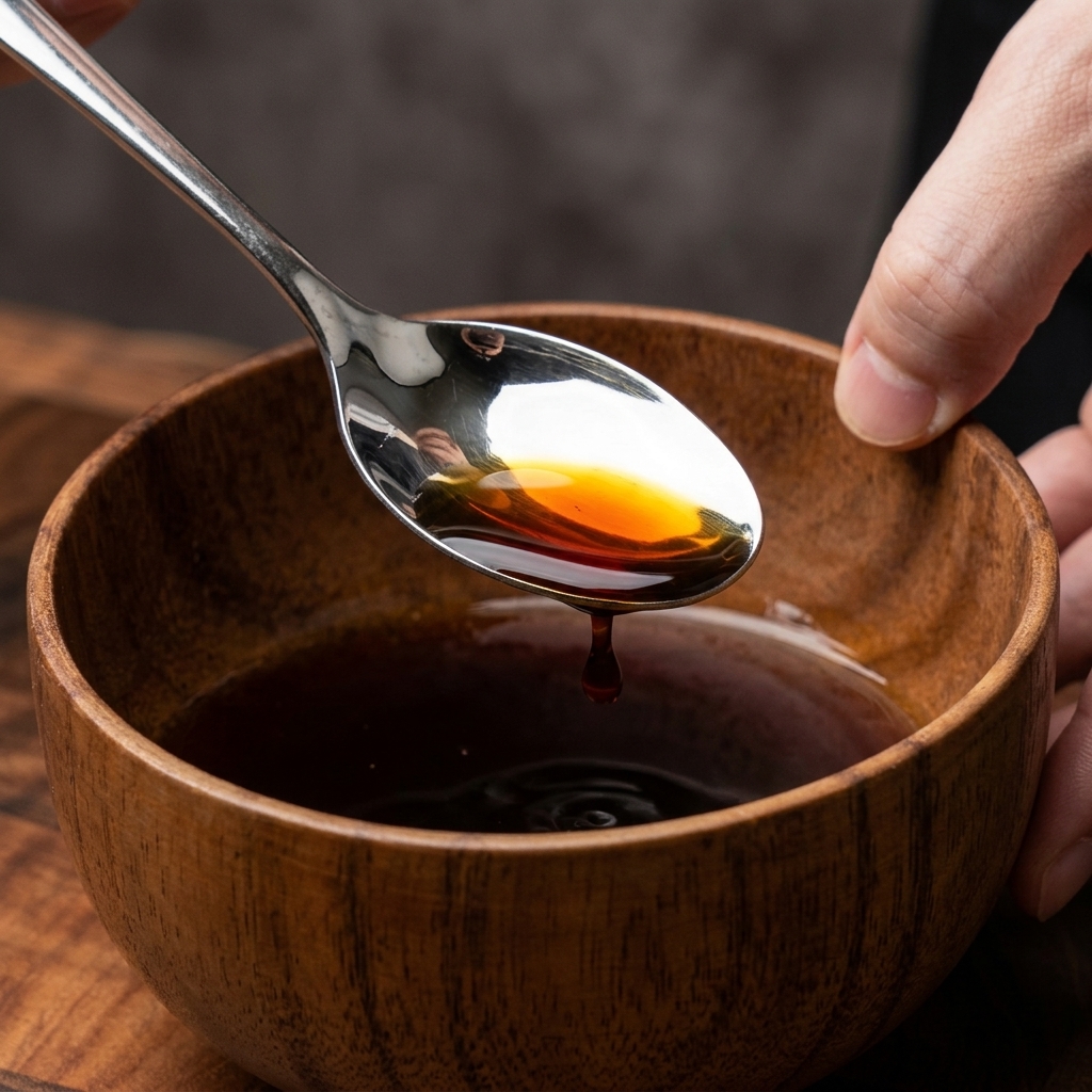 A metal spoon lifting dark, glossy Japanese sauce from a small wooden bowl to show its rich consistency.