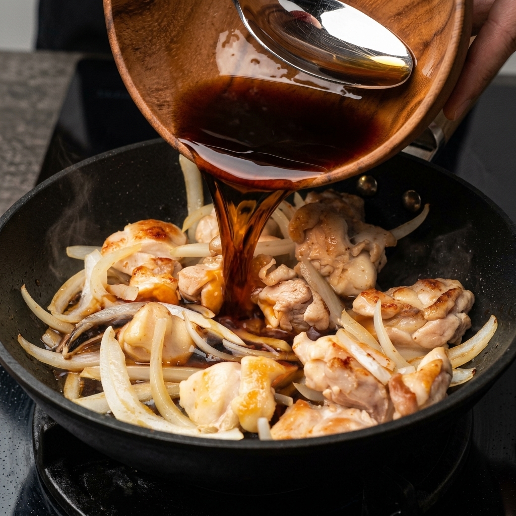 Dark savory sauce being poured from a wooden bowl into a frying pan filled with chicken and onions.