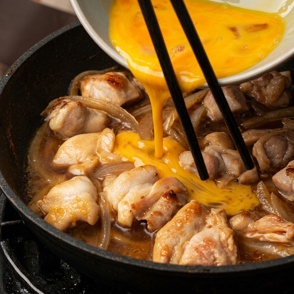 A stream of bright yellow beaten egg liquid being poured from a ceramic bowl into a pan of simmering chicken and onions.