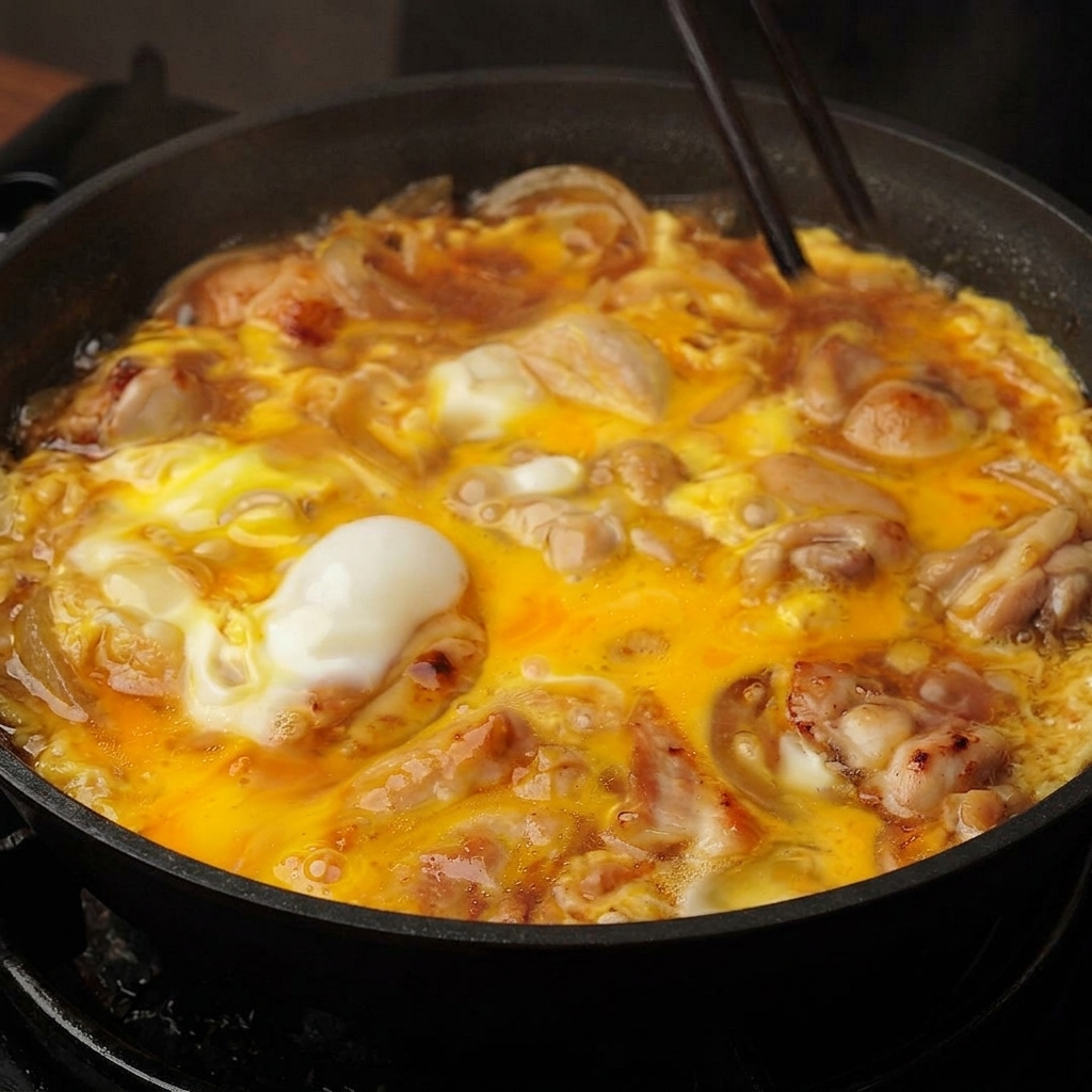 Chopsticks swirling through a bubbling pan of half-set eggs and chicken in a savory brown sauce.
