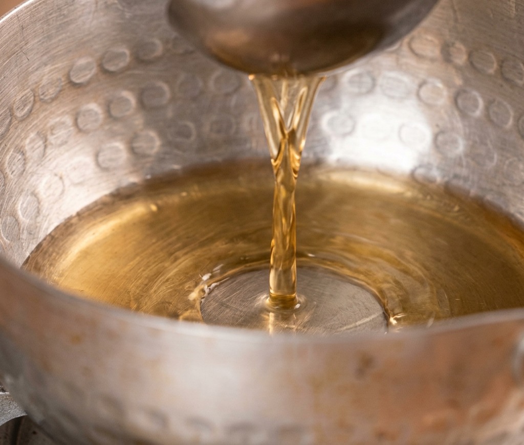 Clear dashi stock being poured from a stainless steel ladle into a hammered metal pot on a stove.