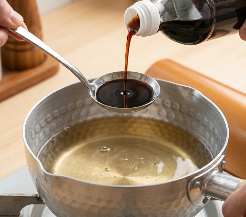 Soy sauce being poured from a bottle into a ladle held over a pot of dashi stock.