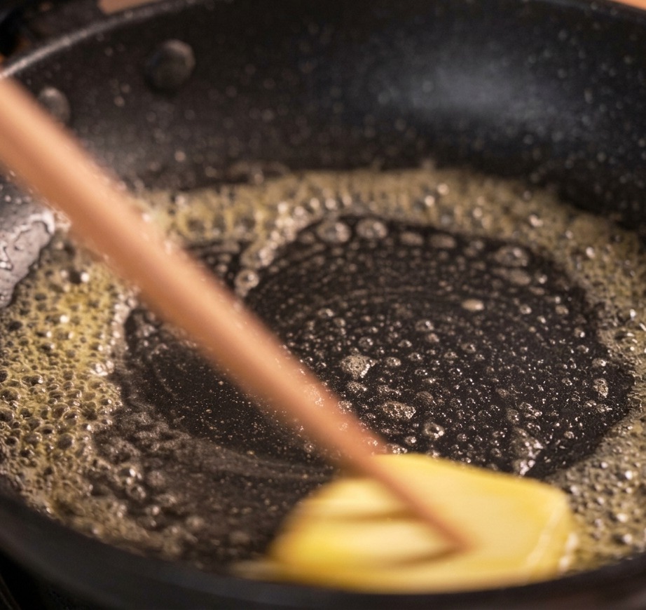 A small square of yellow butter melting and bubbling in the center of a black non-stick skillet.