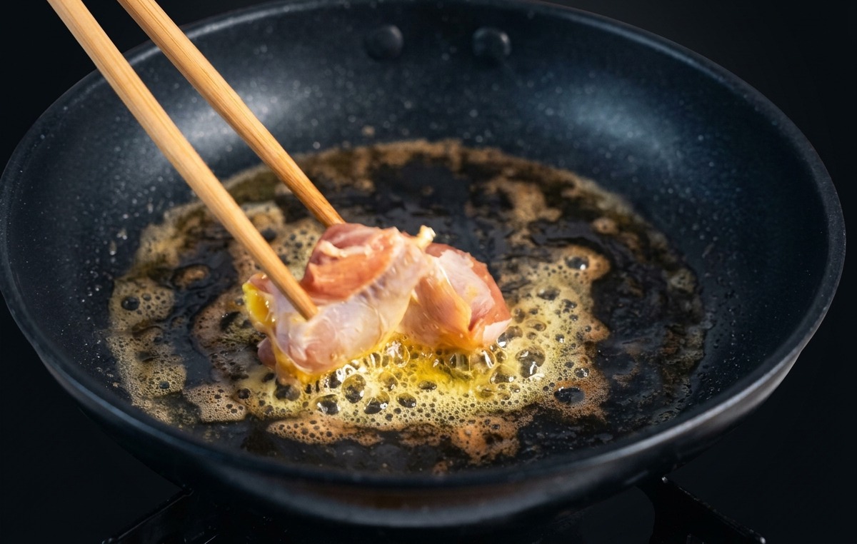 Wooden chopsticks placing pieces of raw pink chicken thigh into a pan of bubbling melted butter.