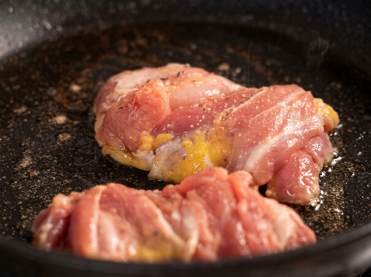 Close-up of chicken pieces searing in a pan with visible black pepper grains sprinkled over the top.