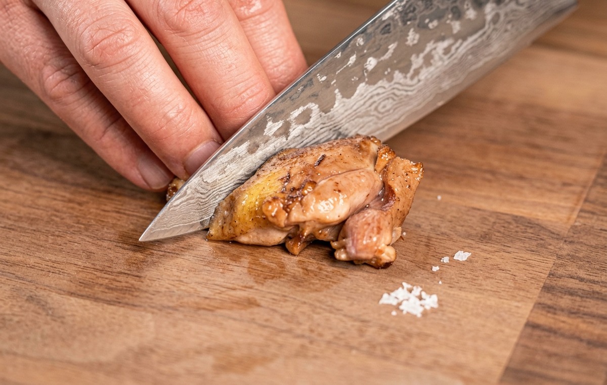A sharp chefs knife slicing through a piece of seared, browned chicken thigh on a wooden board.