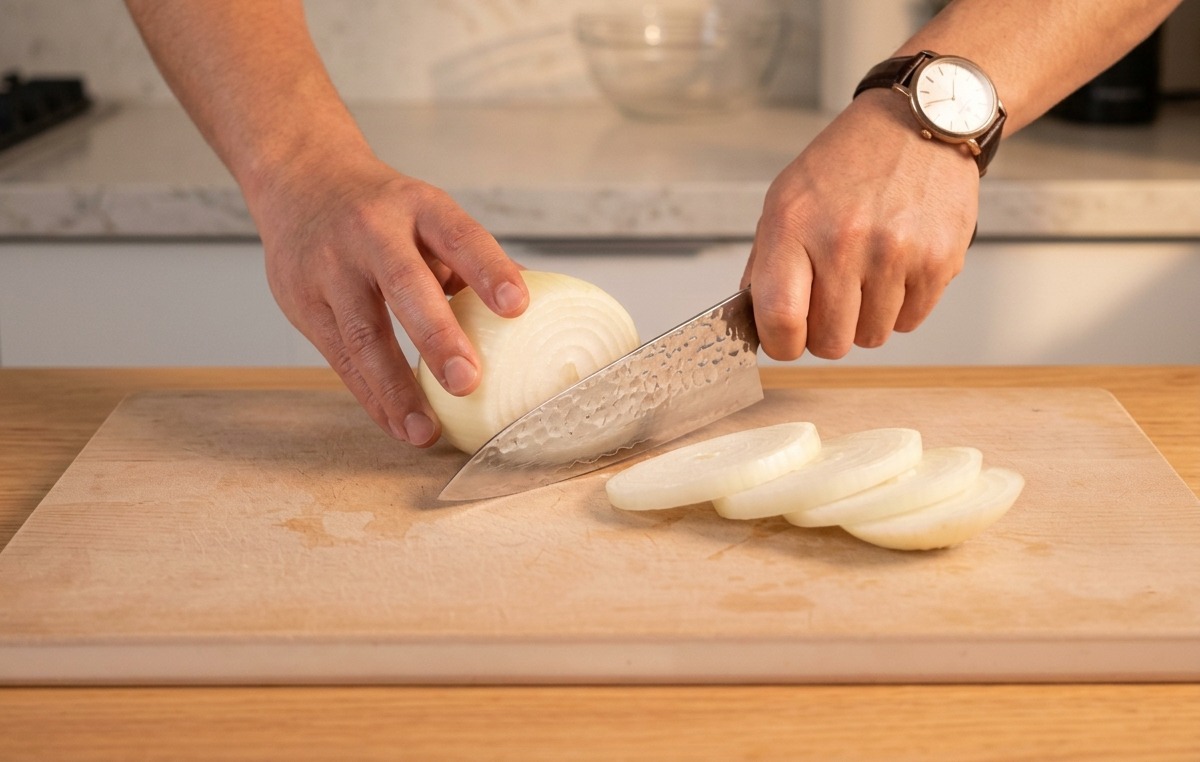 A person using a chefs knife to thinly slice a white onion into crescents on a wooden cutting board.
