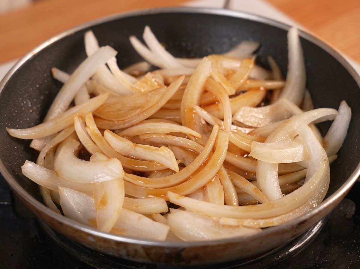 Sliced white onions in a small pan covered with a dark brown dashi and soy sauce mixture.
