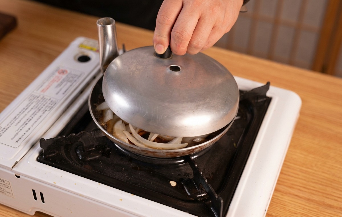 A hand placing a small metal lid onto a frying pan to steam and poach onions in sauce.