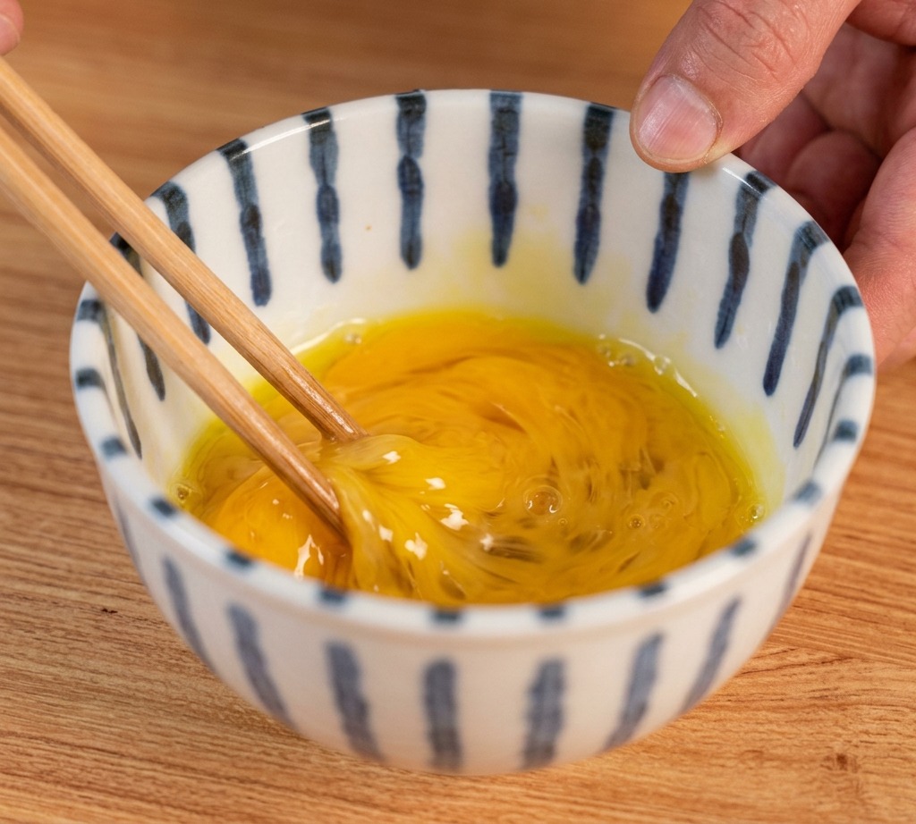 Chopsticks lightly whisking eggs in a blue and white striped bowl, showing visible streaks of yolk and white.