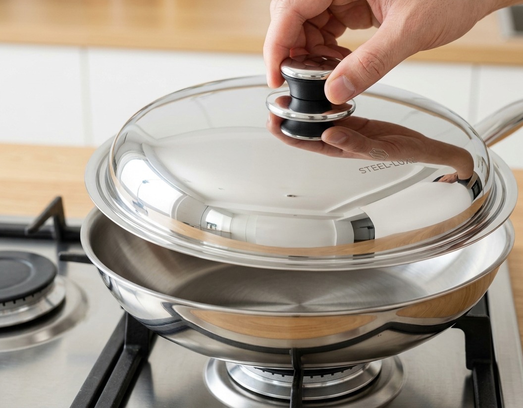 A person placing a stainless steel lid onto a shallow pan to allow the egg and chicken mixture to steam.