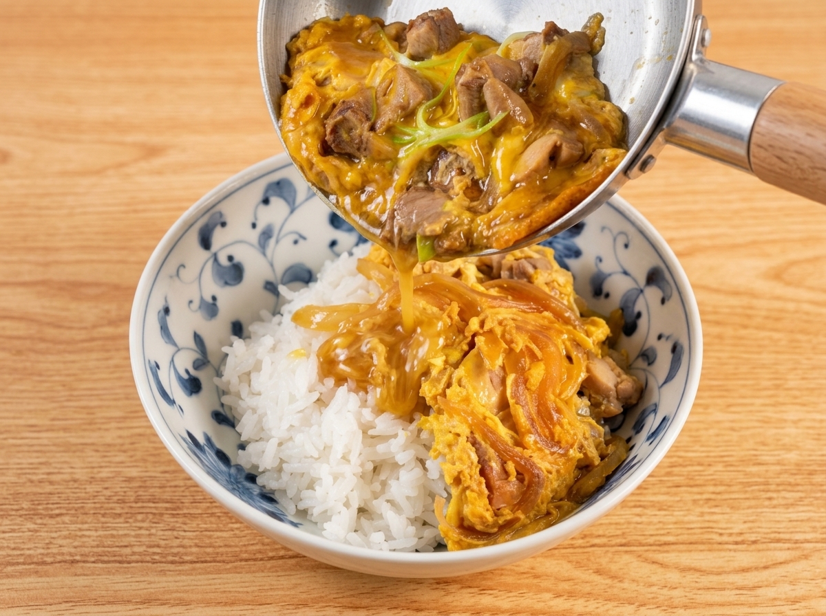 The cooked chicken and egg topping being poured from a silver pan into a blue-patterned ceramic bowl filled with white rice.
