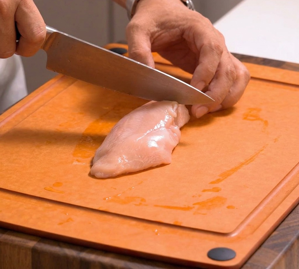 A chef using a sharp knife to slice a raw chicken breast into thin strips on a brown wood-fiber cutting board.