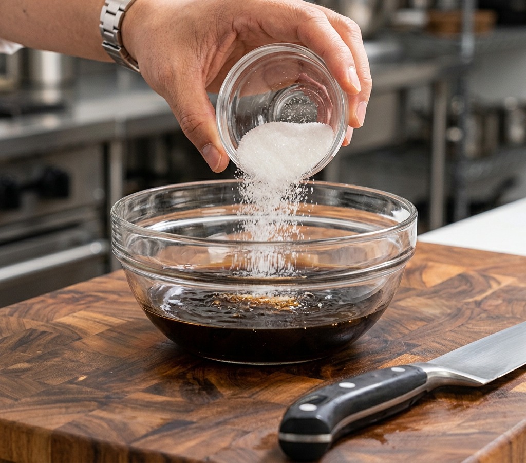 Granulated sugar being poured from a small glass ramekin into a bowl of dark liquid sauce ingredients.