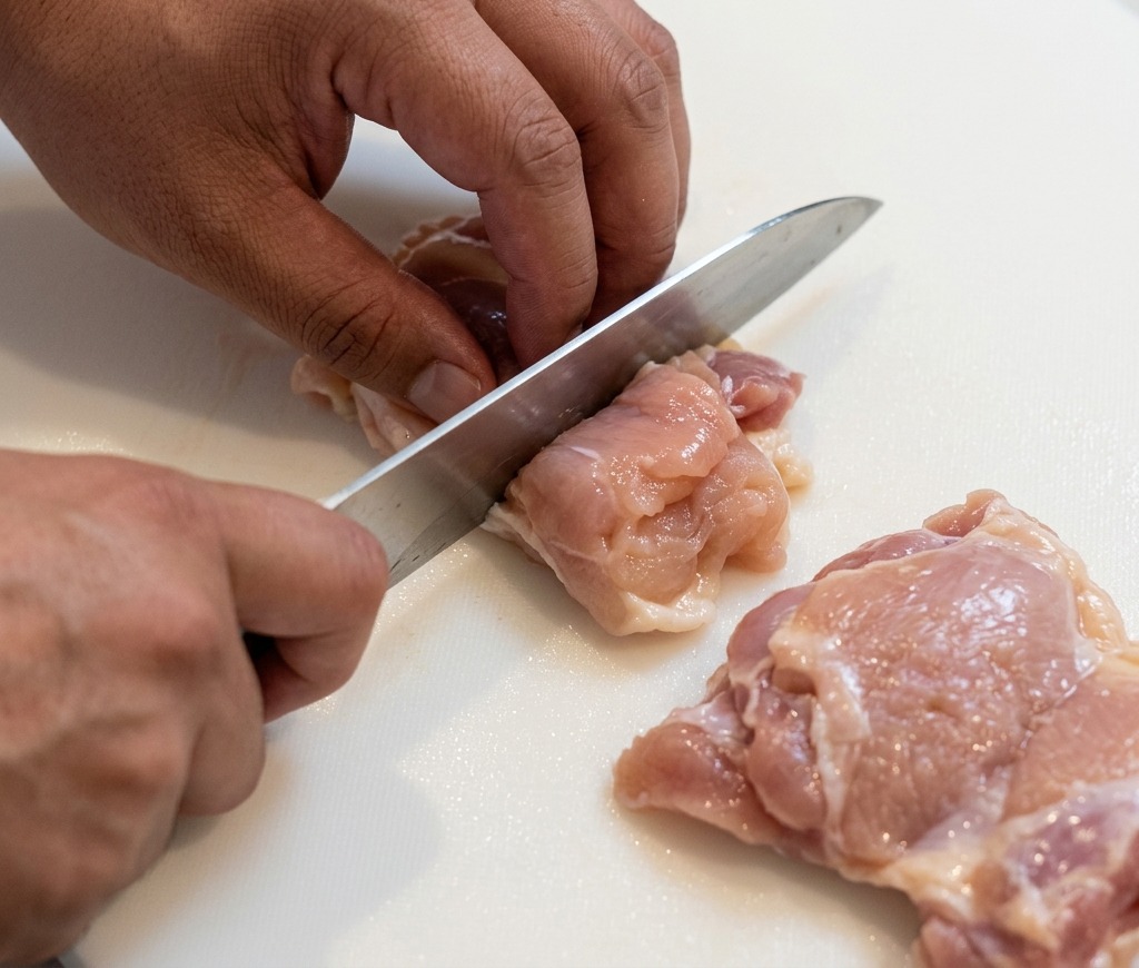 A person using a kitchen knife to cut raw chicken thigh meat into small pieces on a white plastic cutting board.