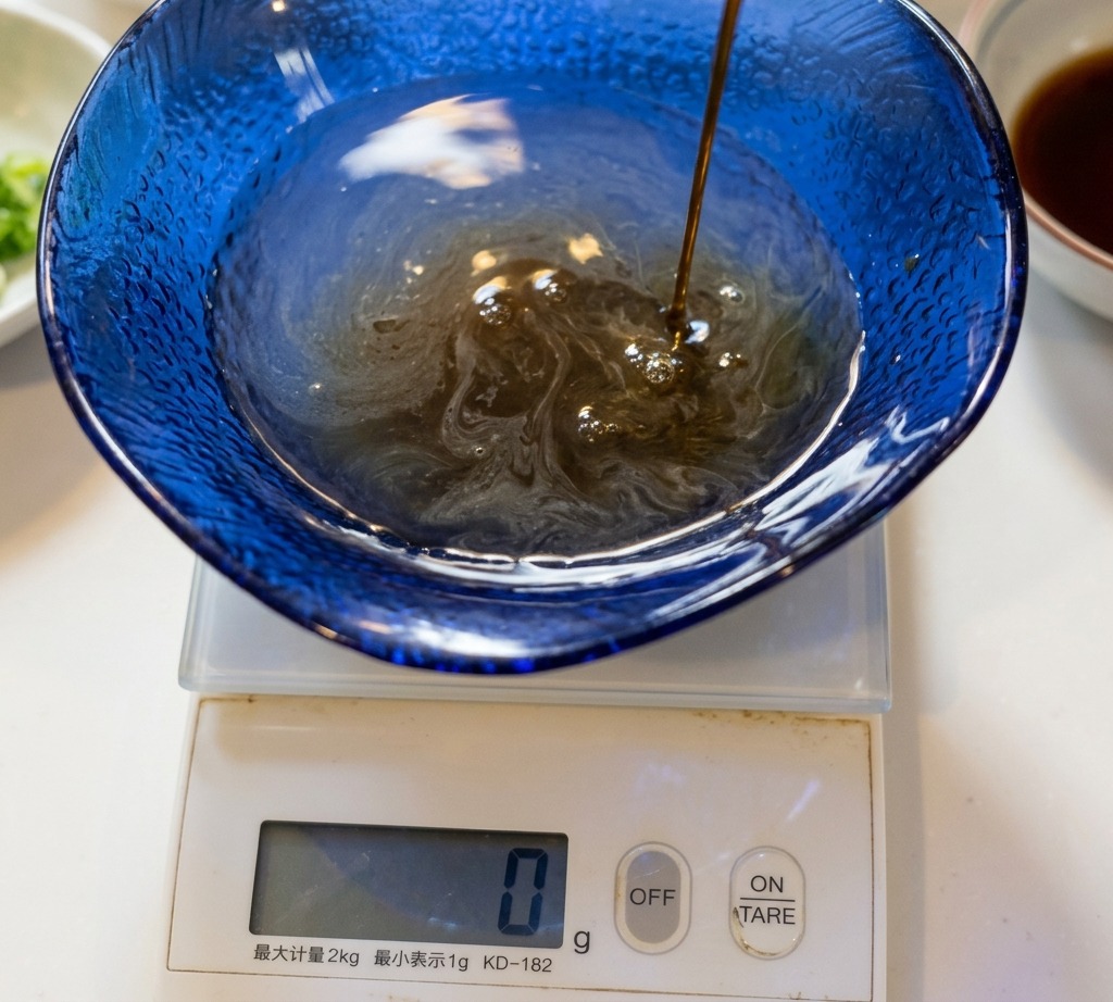 Dark liquid being poured into a blue textured glass bowl sitting on a digital kitchen scale.