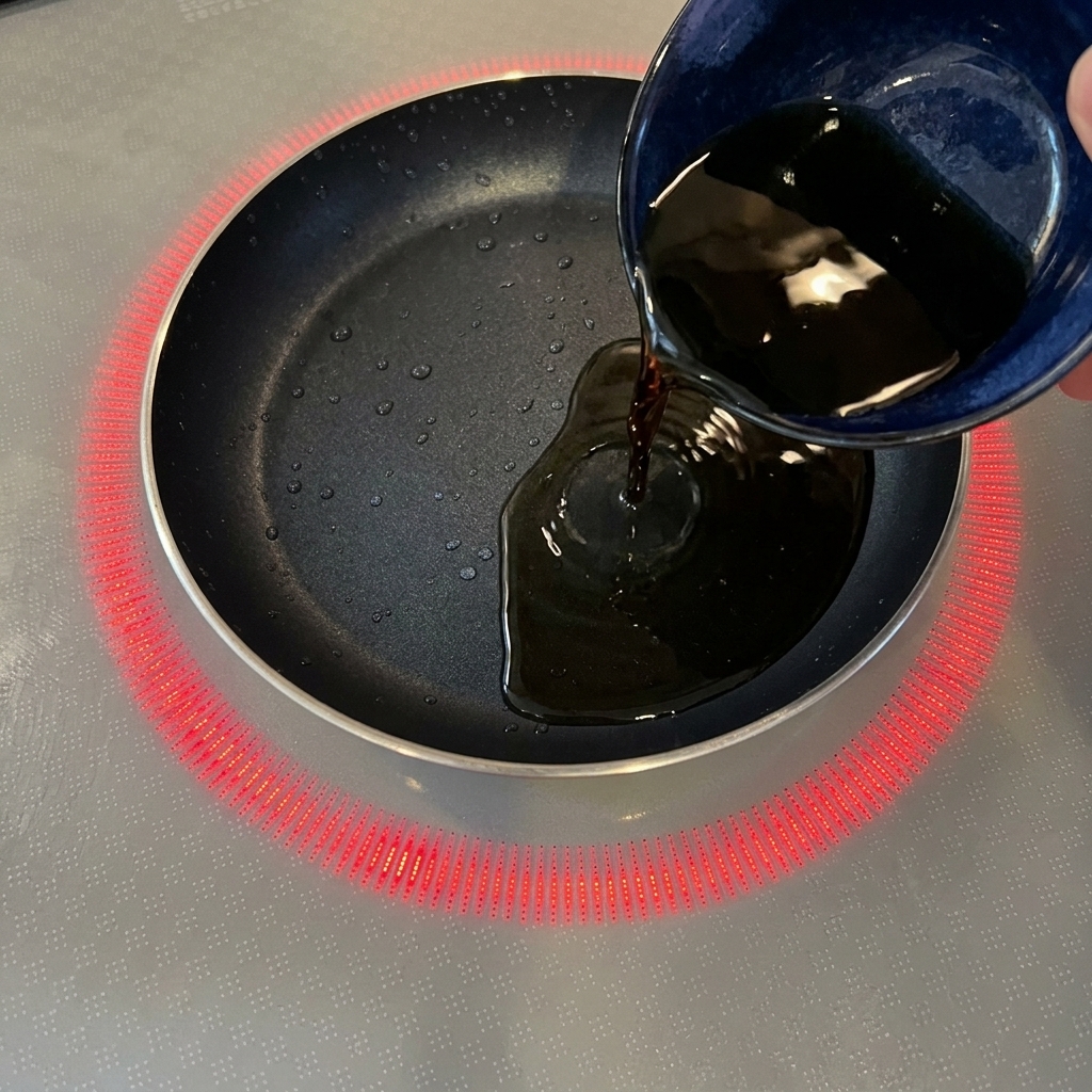 A dark savory sauce being poured from a blue ceramic bowl into a small non-stick pan set on an induction cooktop.