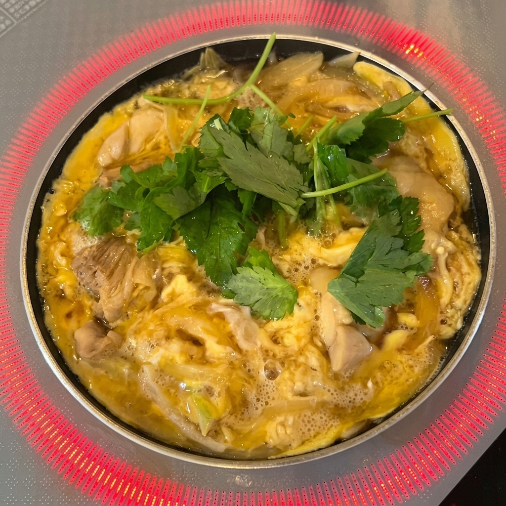 The remaining egg wash being drizzled over the simmering ingredients to create a creamy finish