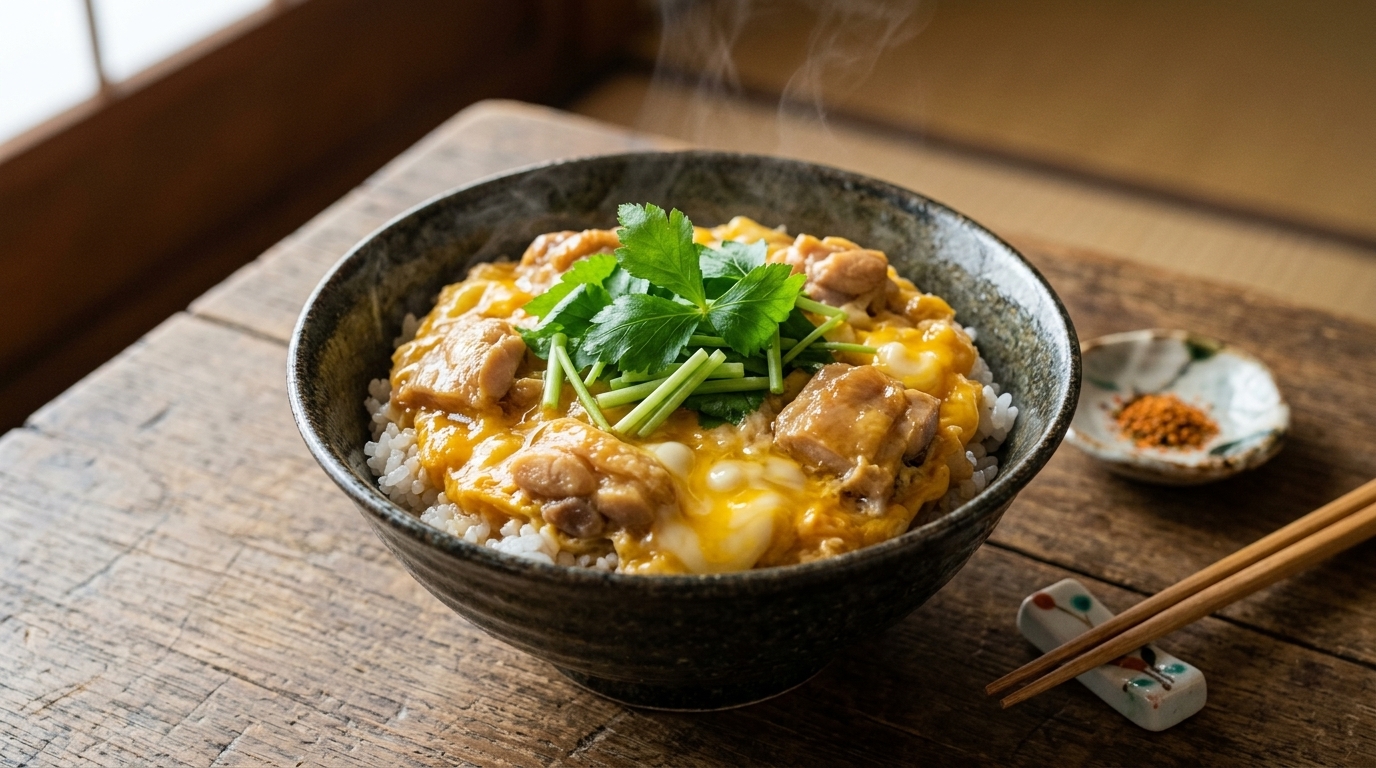 A steaming bowl of classic Oyakodon featuring tender chicken thighs and velvety, semi-set eggs garnished with fresh mitsuba.