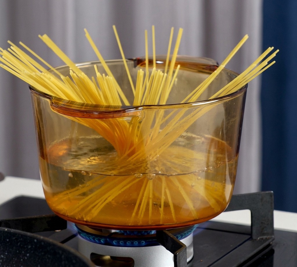 Dry spaghetti noodles standing in a clear glass pot of boiling water on a stove.