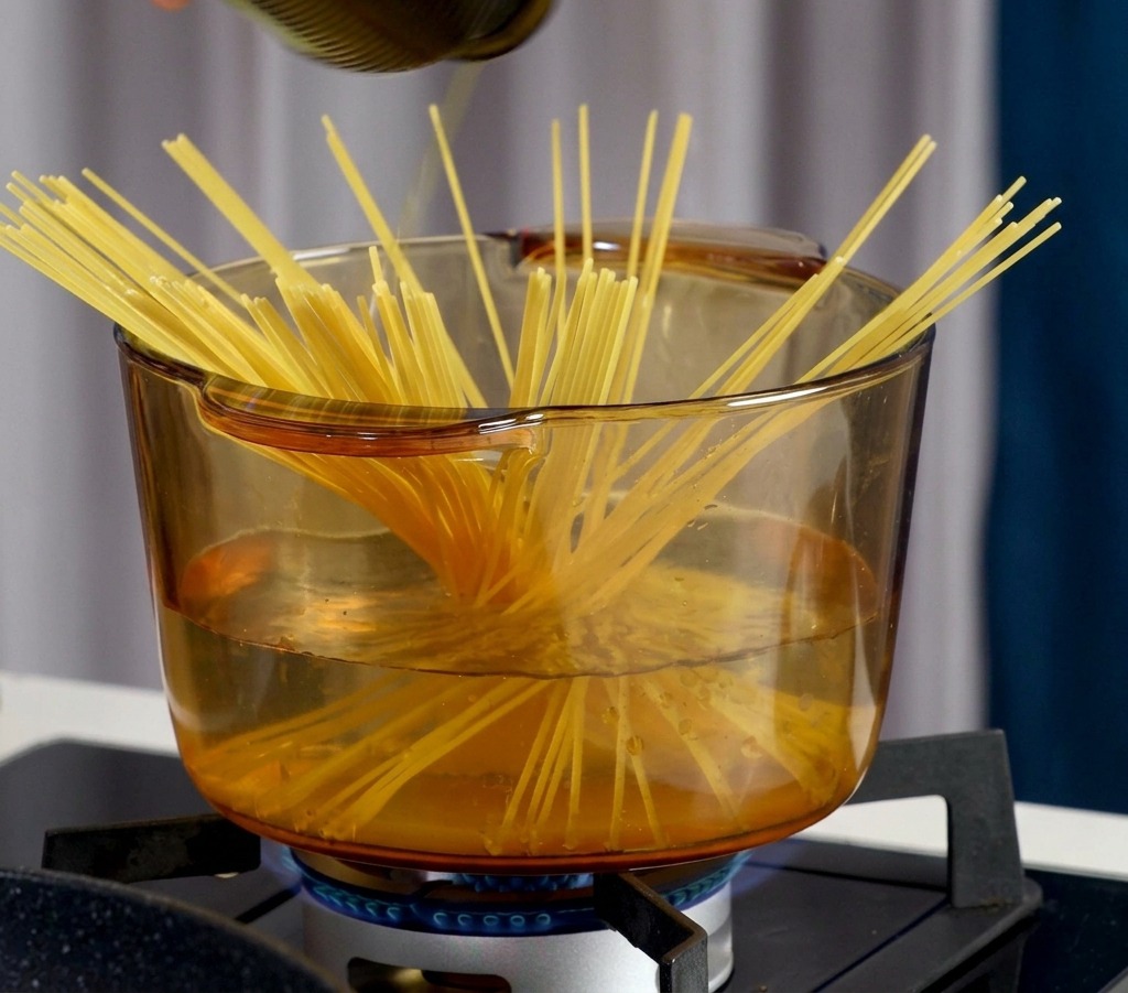 Pouring olive oil and salt into a pot of boiling water containing spaghetti.
