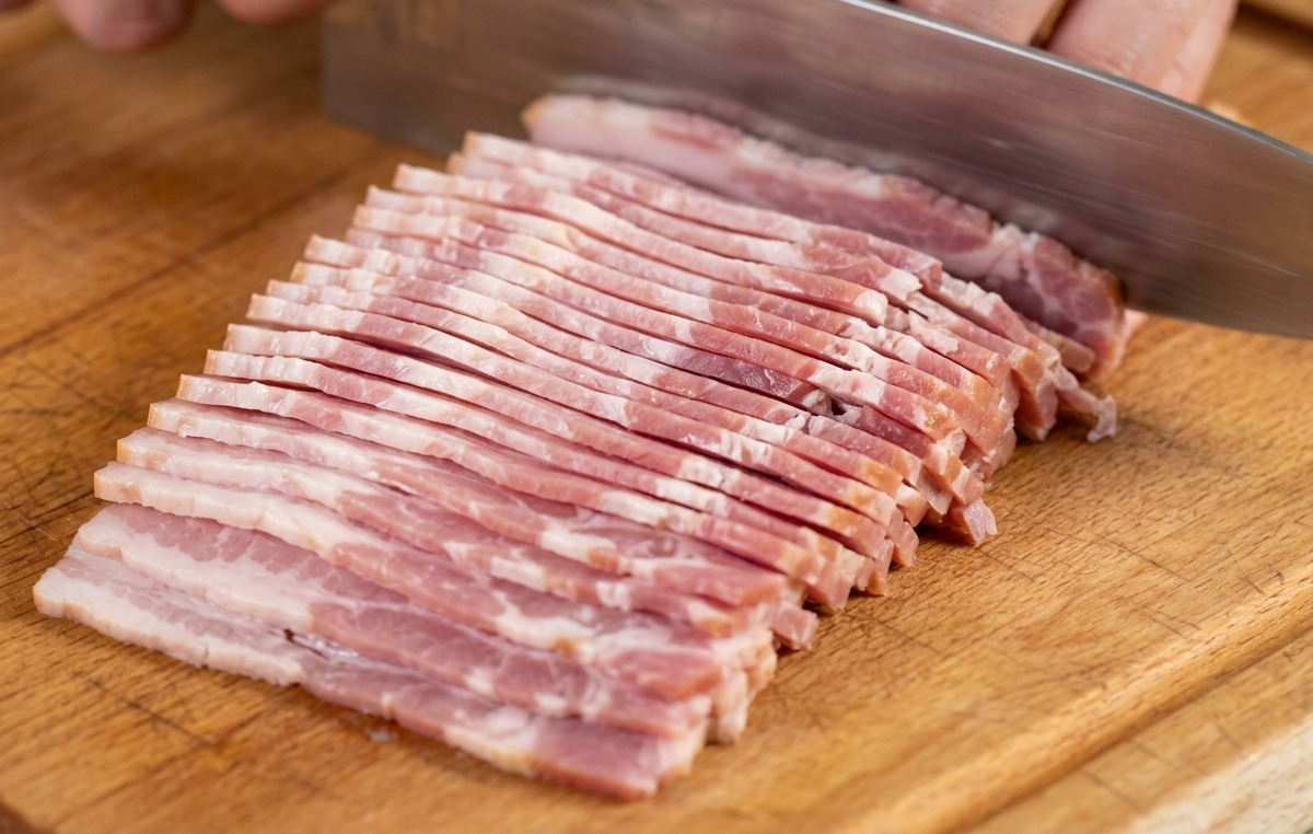 Close-up of a chef slicing a stack of raw bacon strips on a wooden cutting board with a sharp knife.