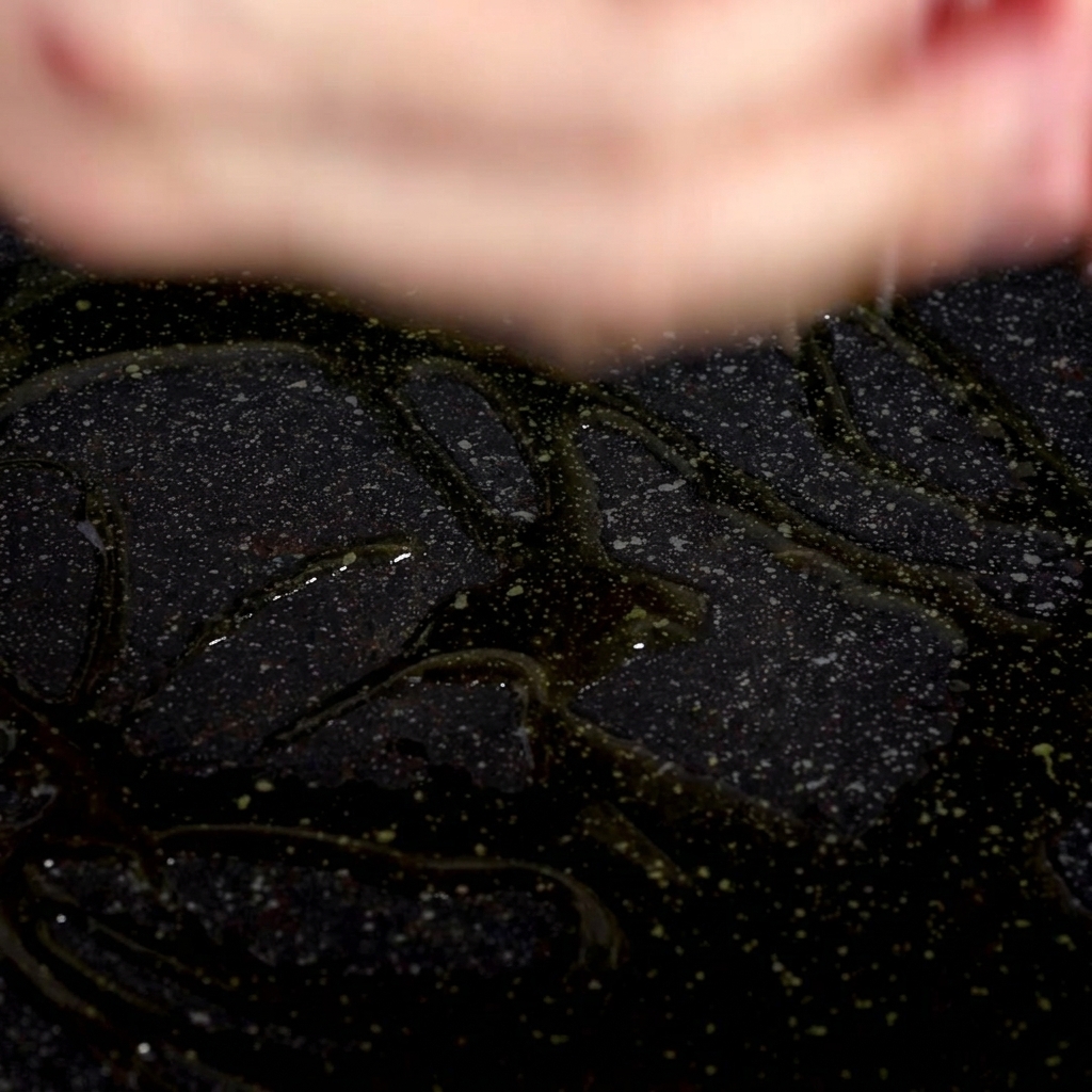 Sliced bacon being dropped into a hot, oiled black frying pan.