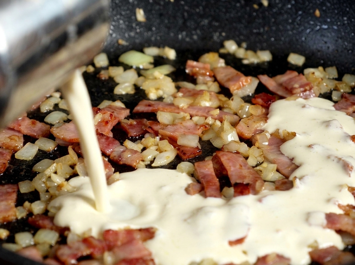 Thick white heavy cream being poured from a metal container into a skillet of bacon and onions.