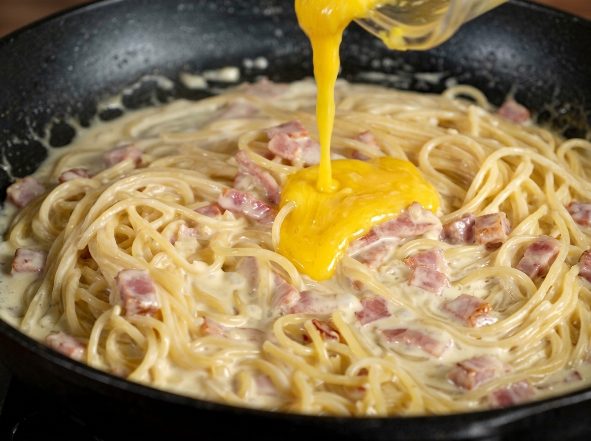 Bright yellow egg yolk and parmesan paste being poured over creamy spaghetti in a dark skillet.