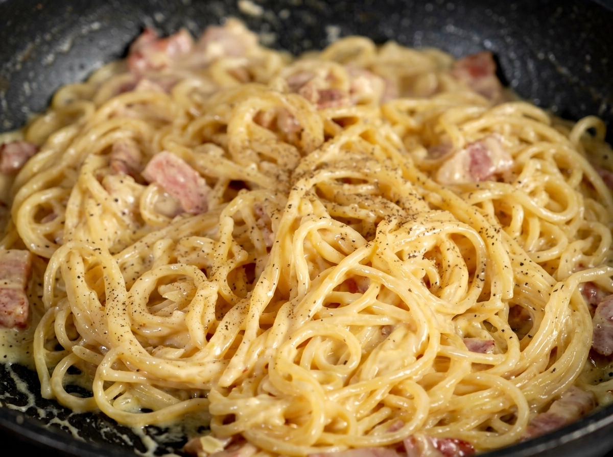 Close-up of thick spaghetti strands coated in a rich, glossy cream sauce with bacon bits, generously seasoned with freshly ground black pepper.