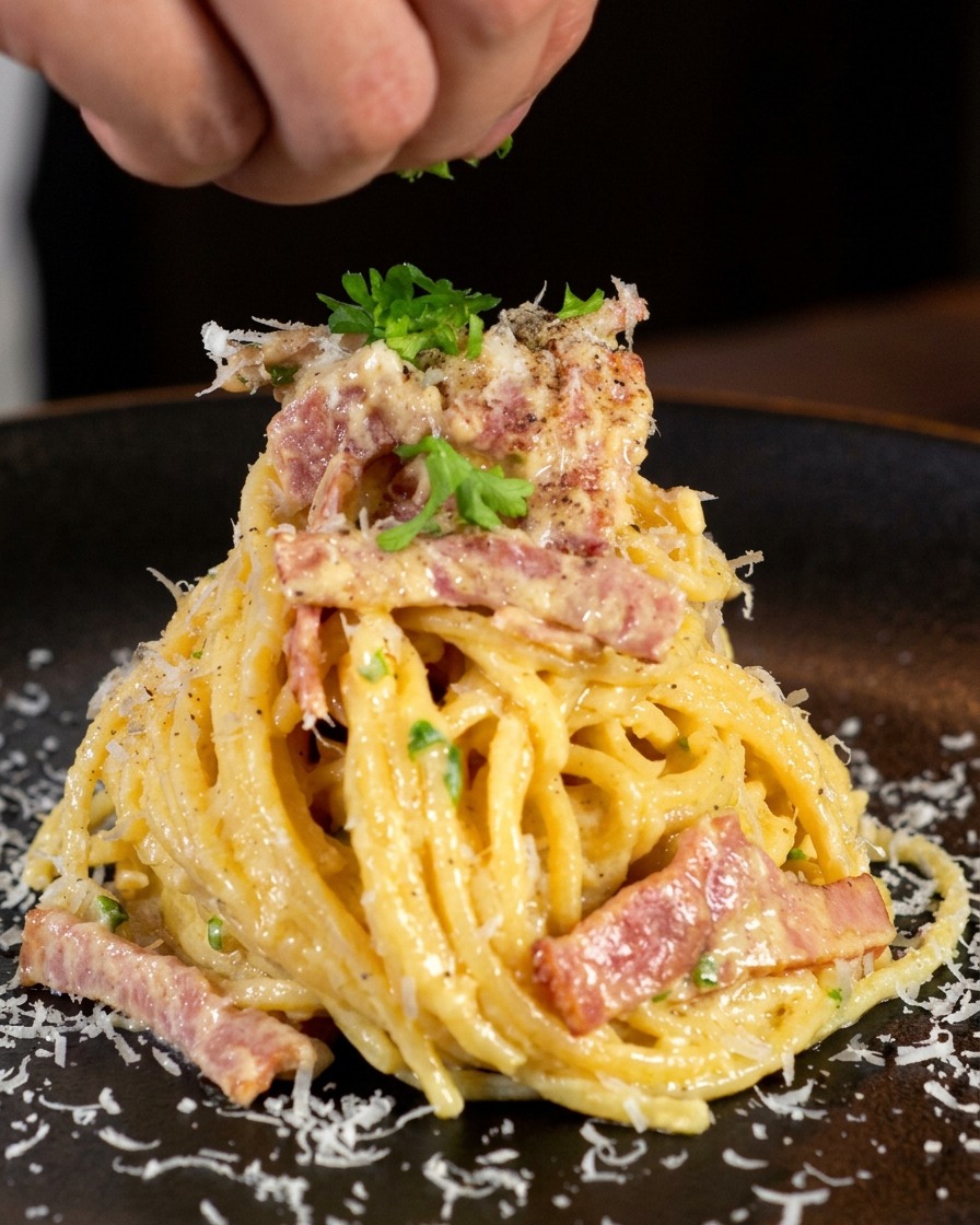 Hand sprinkling freshly chopped parsley over a beautifully plated mound of creamy bacon pasta.