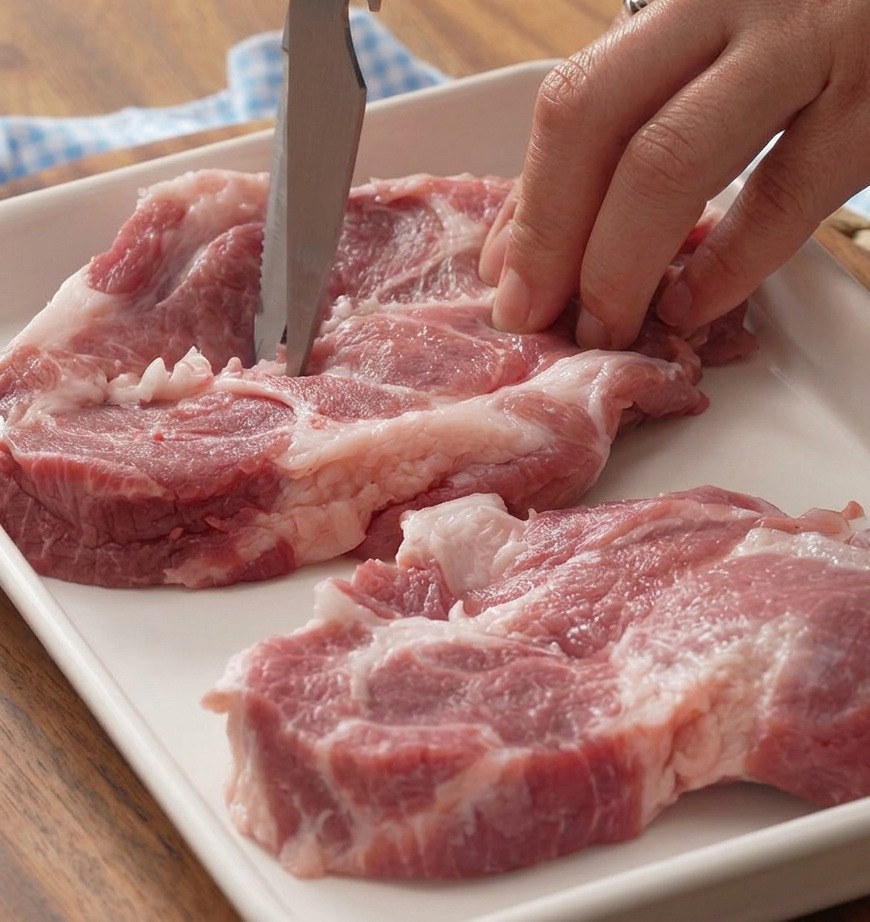 Close-up of kitchen shears being used to trim white connective tissue from a raw, marbled pork plum blossom steak on a white tray.