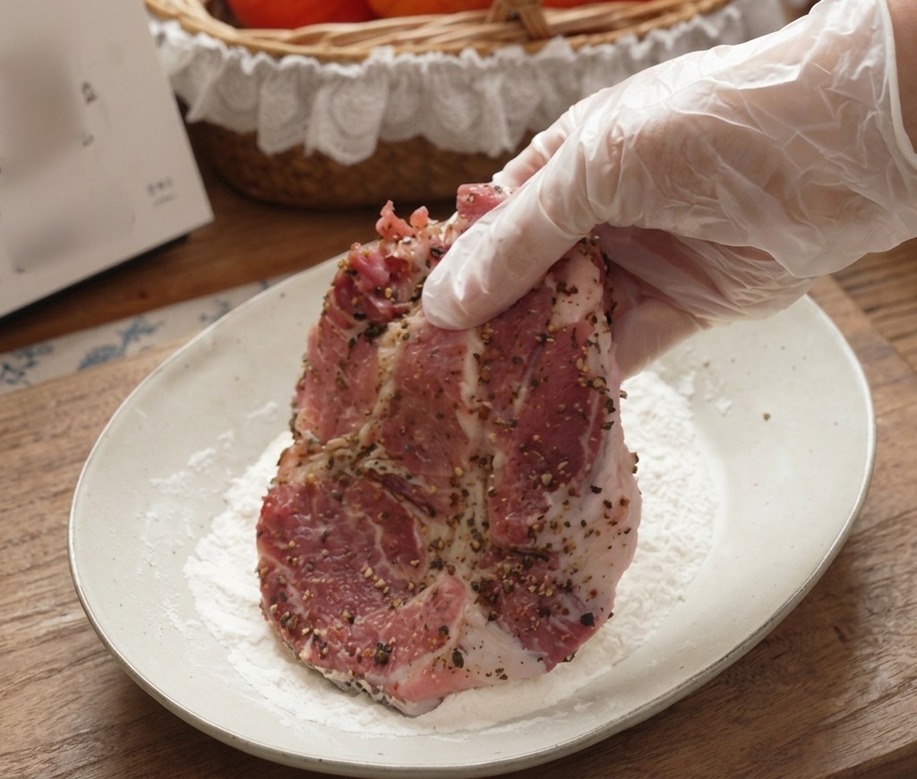 A gloved hand coating a seasoned pork steak in a plate of white flour.